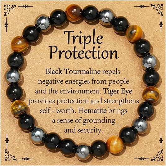 Triple Protection Bracelet for Women and Men, Natural Crystal Beaded Bracelet, Tiger Eye Obsidian Hematite Stretch Bracelet with Gift Card, Inspirational Jewelry Gift