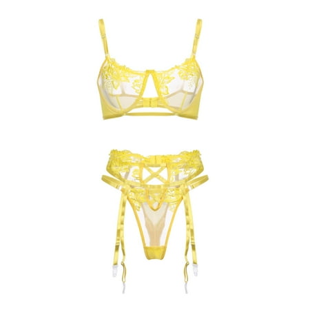 

Sngxgn Women s Cute Lingerie Set Mesh Ruffle Frill Trim Self Tie Knot Bra and Panty Lingerie For Women Fasion Yellow M