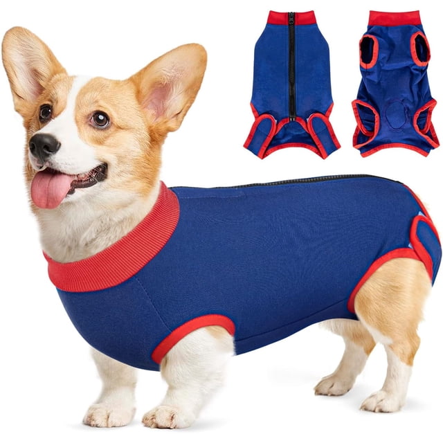 Traje de recuperación para perros, traje de recuperación con cremallera para perro macho hembra, mono con cuello en E para heridas abdominales (rojo y azul, extragrande)