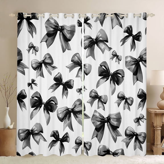 jejeloiu Kawaii Bowknot Bow Black Out Curtains,Chic Ribbon Bowtie Curtains Pack of 2 (42x63 Each),White Black Bedroom Curtains For Girl Breathable Home Decor