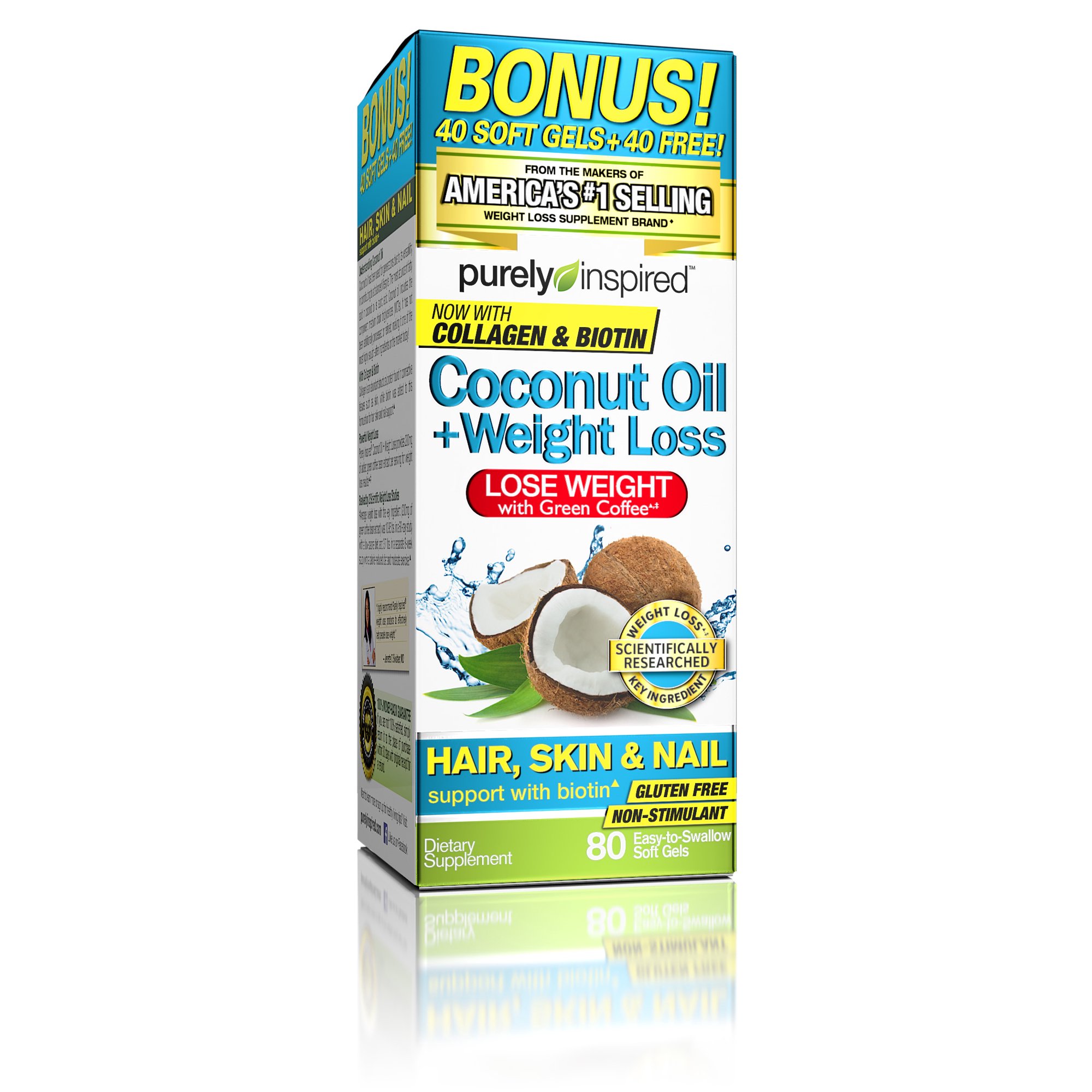 100% Pure Coconut Oil with Green Coffee Extract, Hair, Skin & Nails Support with Weight Loss Supplement, 80 Count