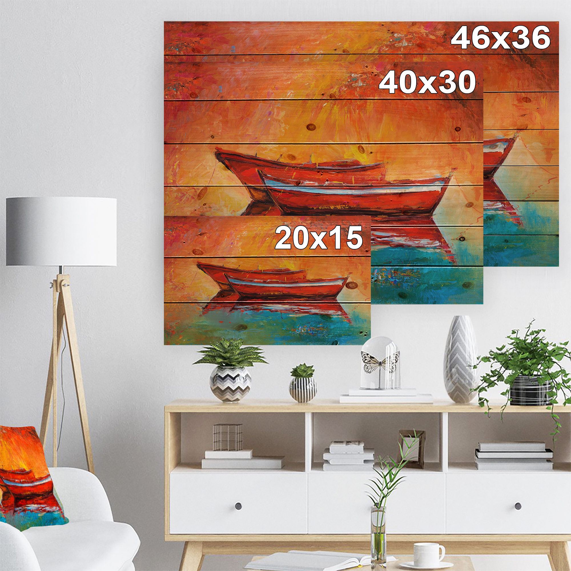 Designart 'Red Boats over Golden Sunset' Nautical Painting Print on Natural Pine Wood