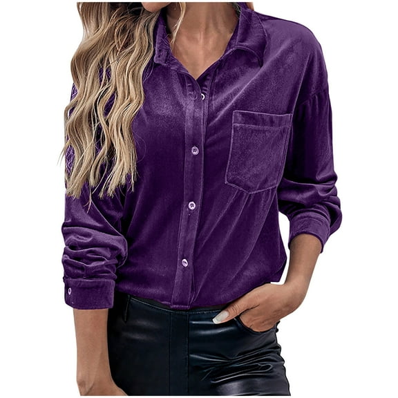 Enjoytime Tops for Women Solid Color V-Neck Collared Long Sleeve Button Down Shirts Business Casual Work Blouse Purple L