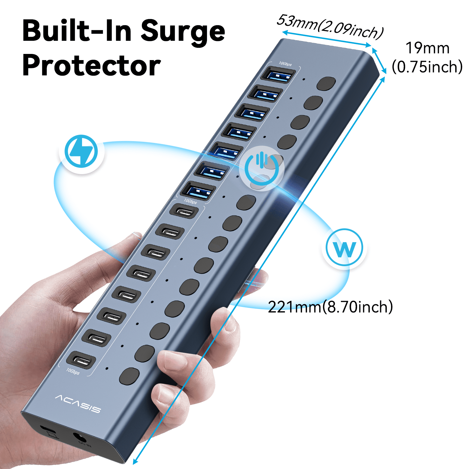 ACASIS 16 Port USB 3.2 Gen 2 Hub Powered, 10Gbps USB Hub with 8 USB-A and 8 USB-C Ports, 96W Adapter for Laptop, PC, Mac, SSD, Phone – Hot Swap, Plug & Play