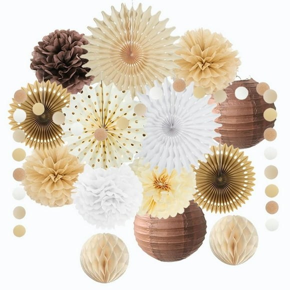 Ensemble de Décoration de Fête Rustique Boho - Éventails en Papier Marron, Pompons Tan, Lanternes, Guirlande de Points - Anniversaire, Baby Shower, Mariage, Mariage - Thème Neutre