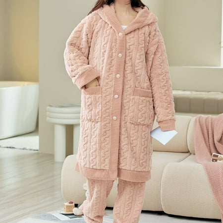 

Haykey Pajamas for Women Ladies Coral Fleece Flannel Warm Pajamas Set Long Style Cardigan Pocket Hooded Homewear