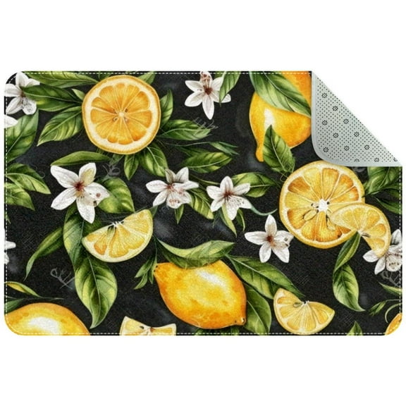 Tropic Lemon Fruits Leaves Flowers Background Small Area Rug, Non-Slip Door Mat Indoor Floor Mat, Washable Kitchen Rug Entrance DMat for Bedroom Living Room