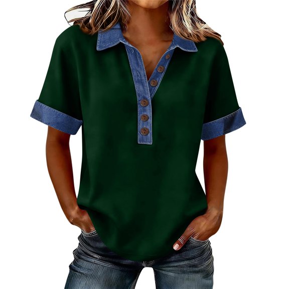 Stichou Polo Shirts for Women Patchwork Button Down Denim Collar Shirt Casual 2026 Summer Spring Tops Comfy Short Sleeve Clothes Dark Green XL