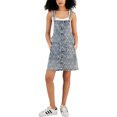 thumbnail image 1 of Tinseltown Womens Button Front Denim Print Overall Dress, Blue, Juniors, Small, 1 of 1