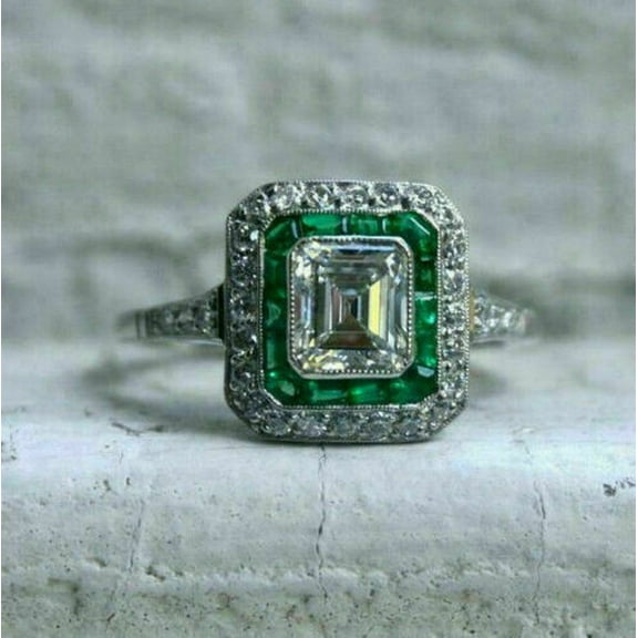 DazzlingdaimondsJewels 2.14 Ct Emerald Cut Sapphire & Diamond Wedding Engagement Halo Ring 14K White Gold Plated 925 Sterling Silver For Women's -4