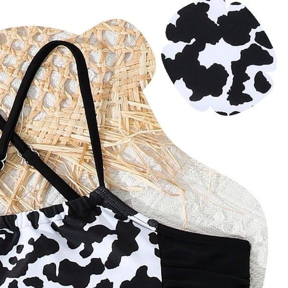 lnmuld Girls' Two Piece Swimsuit - Black & White Cow Print Halter Neck Ruched Side Bikini Set Size:10-11 Years