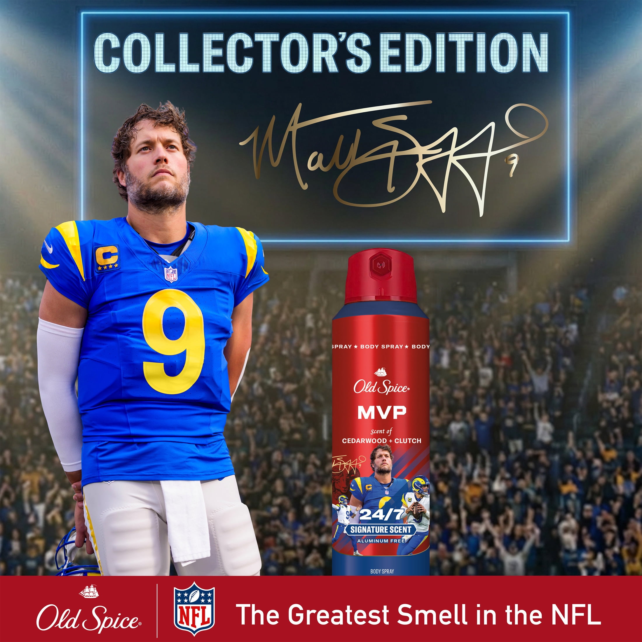 Old Spice Deodorant Body Spray for Men, Aluminum Free, NFL Collection, Matthew Stafford, Scent of Cedarwood + Clutch, 5.1 fl oz