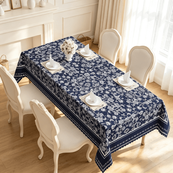 Mizhona Navy Blue Boho Rectangle Tablecloth Bohemia French Floral Print Table Cloth for Kitchen Table Decor,60"x84"