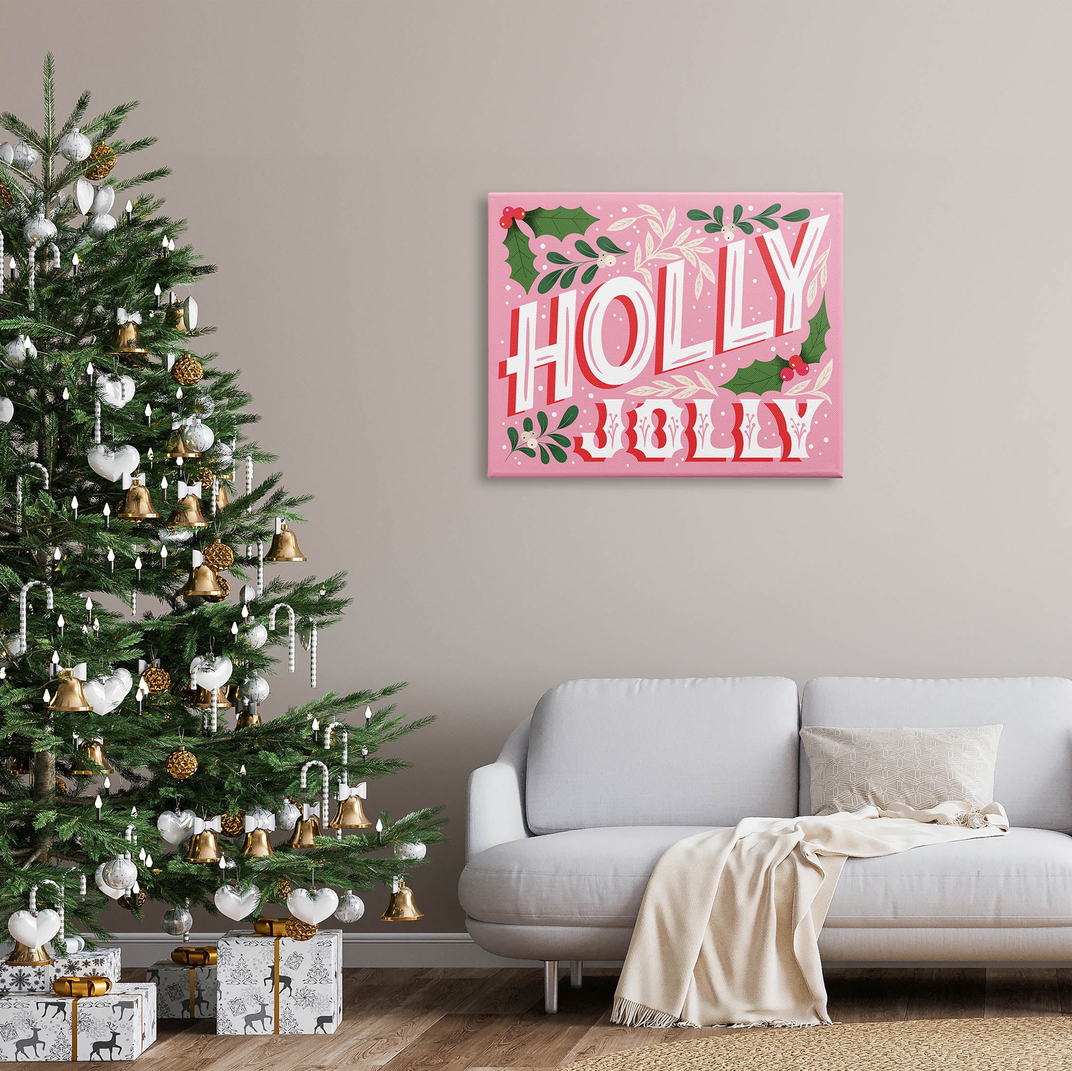 Stupell Industries Bold Pink Holly Jolly Phrase Graphic Art Gallery Wrapped Canvas Print Wall Art, Design by The Saturday Evening Post