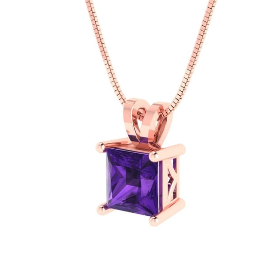 1.5 ct Brilliant Princess Cut Solitaire Natural Amethyst 14k Rose Solid Gold Everyday Affordable Designer Necklace Pendant with 16" Chain