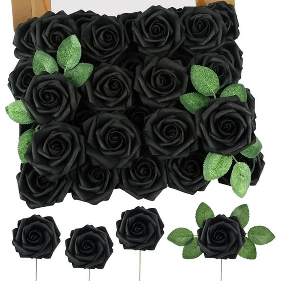 Artificial Flowers,50 Pcs Foam Roses with Stems, 3.15" Fake Roses for DIY Wedding Bouquets Centerpieces Party Baby Shower Home Decoration(Black)
