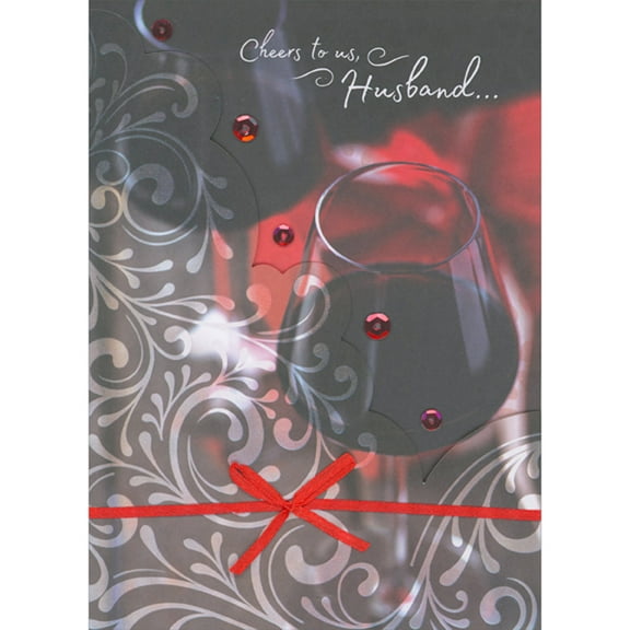 Designer Greetings Cheers to Us: Swirling Shimmering Vines on 3D Die Cut Banner, Glass and Red Ribbon Hand Decorated Valentine's Day Card for Husband
