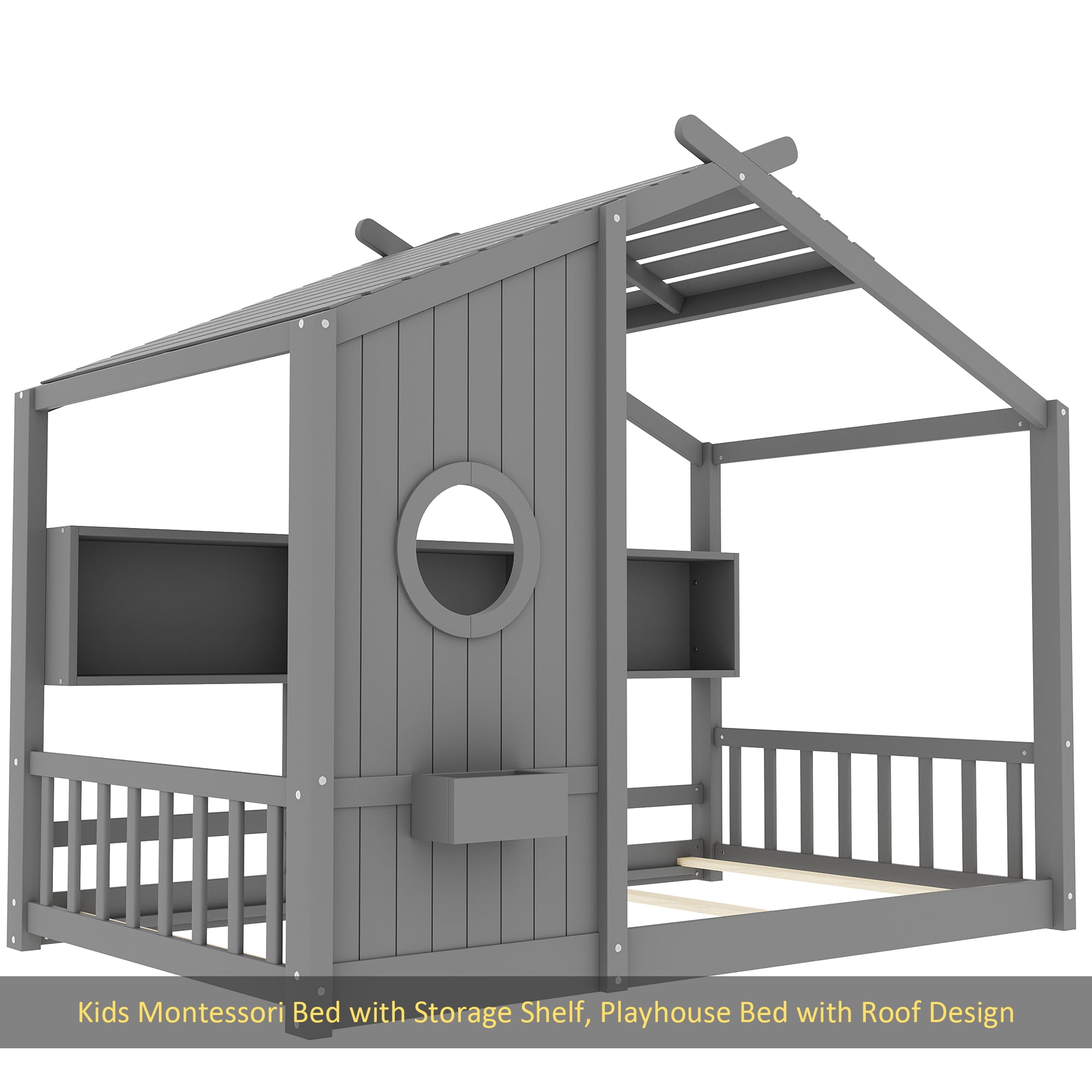 Twin Size Floor House Bed for Toddler, Kids Montessori Bed with Storage Shelf, Playhouse Bed with Roof Design, Gray