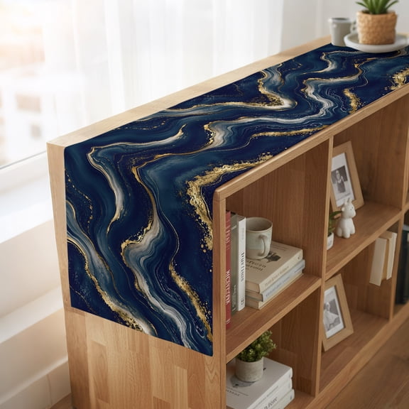 Table Runner Modern Dark Blue Fluid Art Dresser Scarves 13x36 Inch,Linen Table Runners Gold Line Marble Texture Tablerunner for Home Dining Indoor Outdoor Wedding Party Tabletop Decor