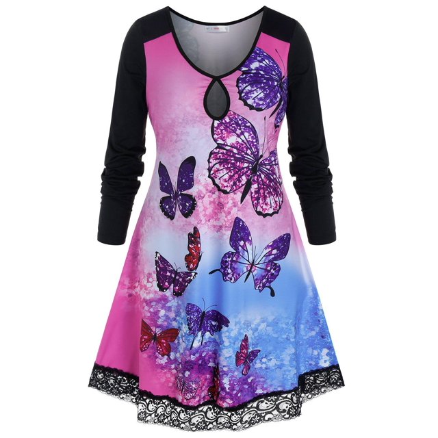 Más el tamaño del tinte del lazo de la mariposa Imprimir panel de encaje de Keyhole camiseta Rosegal Mangas largas de talla grande