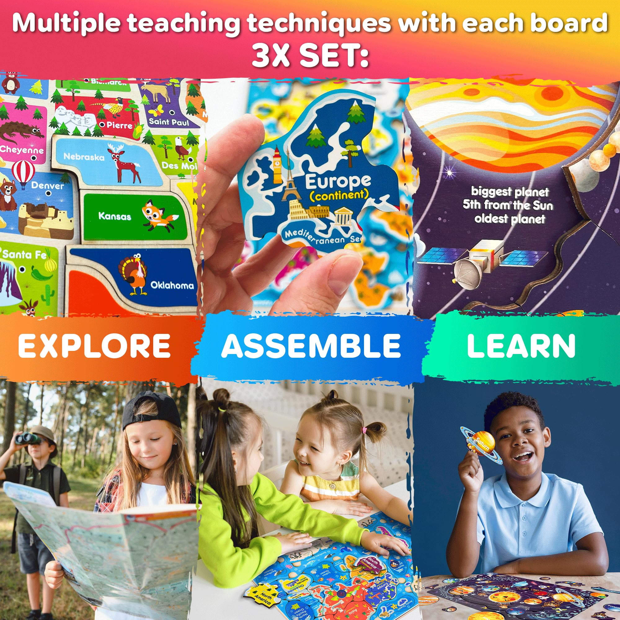 Quokka Educational Wooden Jigsaw Puzzles for Kids Ages 3-6 - World, Space & USA