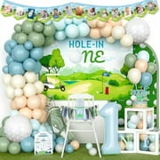 A golf-themed "Hole in One" first birthday party decoration kit for boys, including a backdrop, balloon garland, cake topper, and signs.