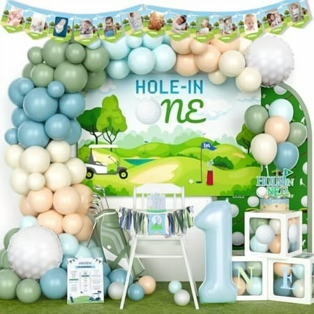 A golf-themed "Hole in One" first birthday party decoration kit for boys, including a backdrop, balloon garland, cake topper, and signs.