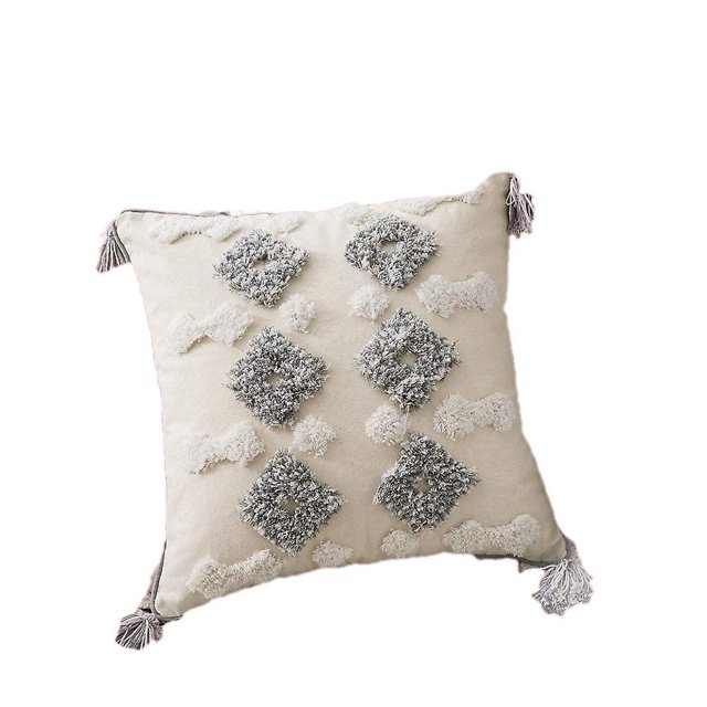 Funda de almohada decorativa, funda de almohada tejida estilo bohemio Tribal con borlas, color gris y blanco crema
