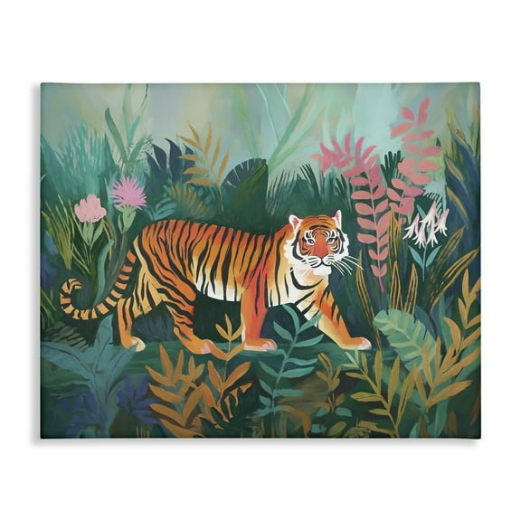 Stupell Industries Tiger in Jungle Leaves Animals & Insects Painting Gallery Wrapped Canvas Art Print Wall Art, 20 x 16