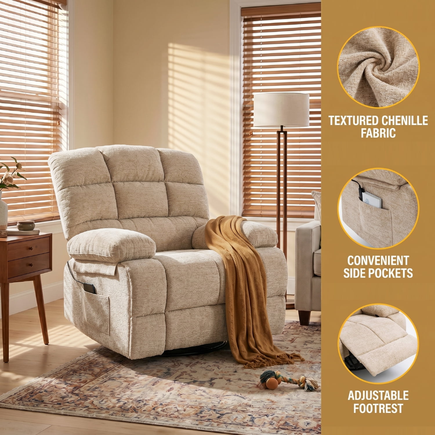 FitStand Swivel Rocker Recliner Chair with Heat and Massage, 24.4" Wide Seat Chenille Oversized Recliner, Gray