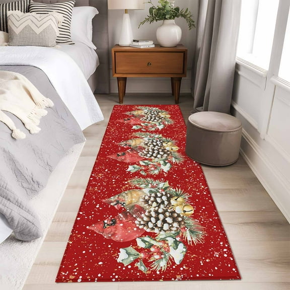 Christmas Runner Rug 2x6 FT,Non Slip Hallway Carpet,Red Cardinal Pine Cone Branches Snowflake Washable Soft Floor Carpet Throw Runner Carpet Long Rug for Entryway Kitchen Bedside Sliding Door