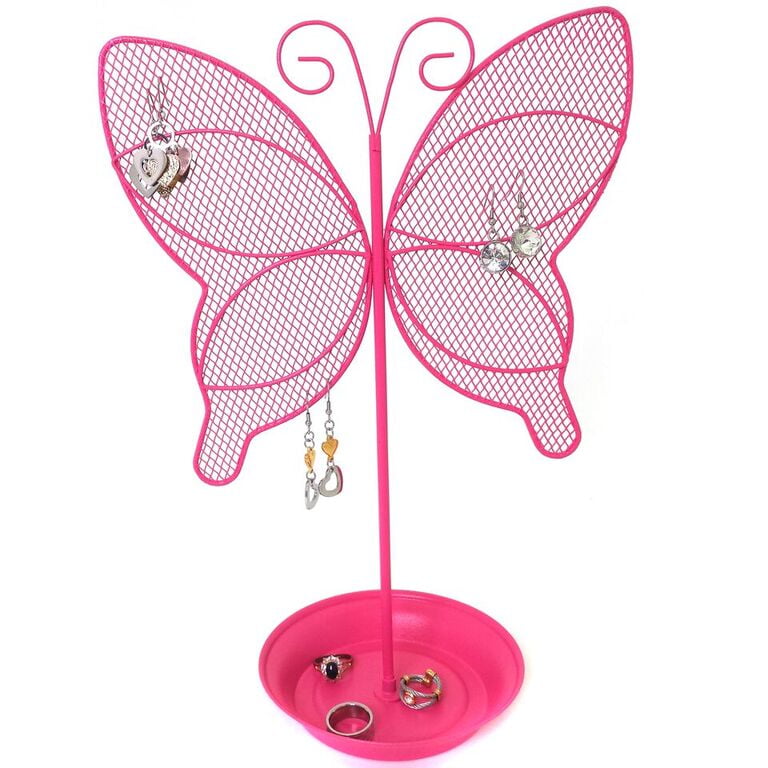 NEW Pink Butterfly Two Tier Jewelry Caddy Holder Organizer 13" x 6" 