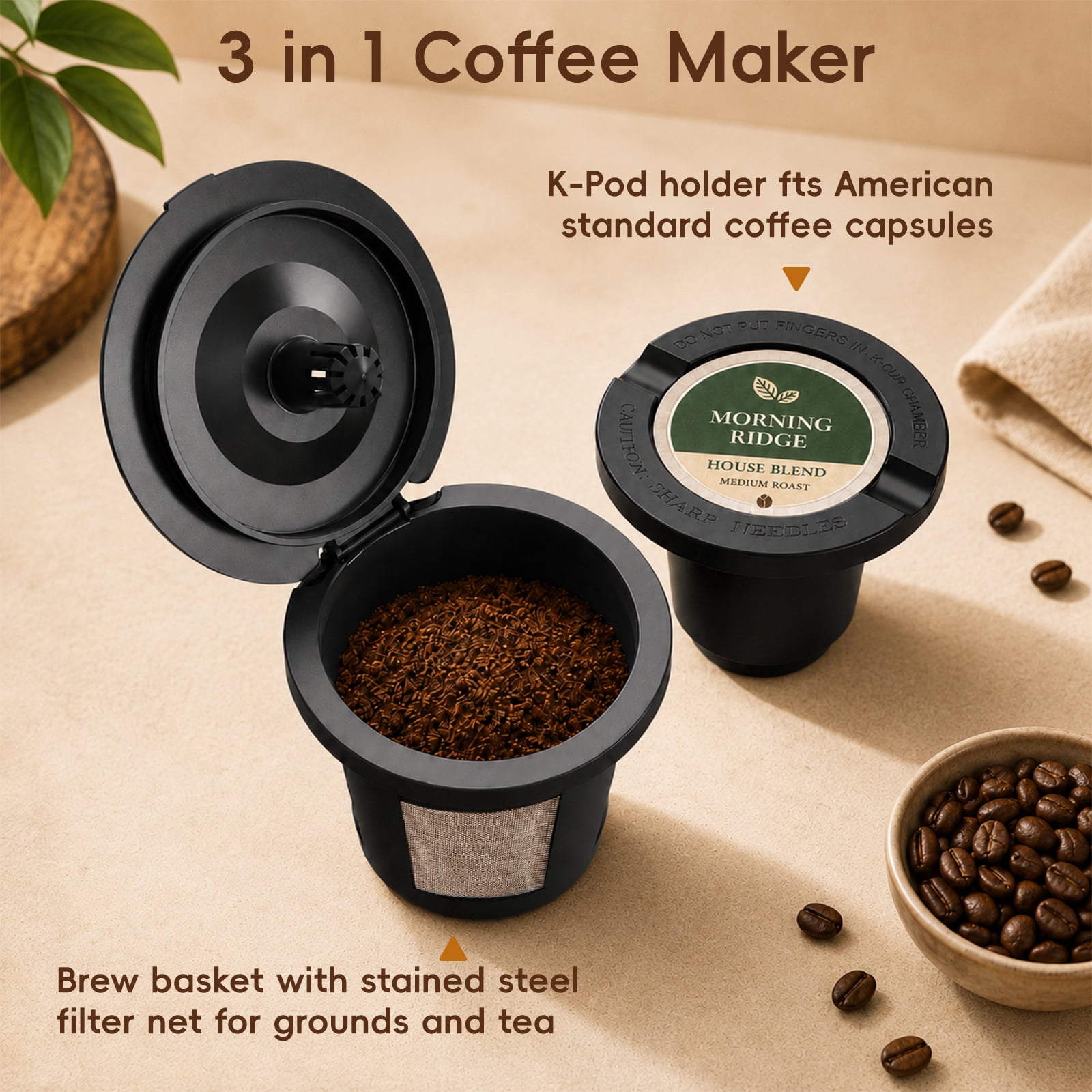 Jesslyn Single Serve Coffee Maker: Coffee Machine Compatible with K Cup Capsules & Grounds, Black