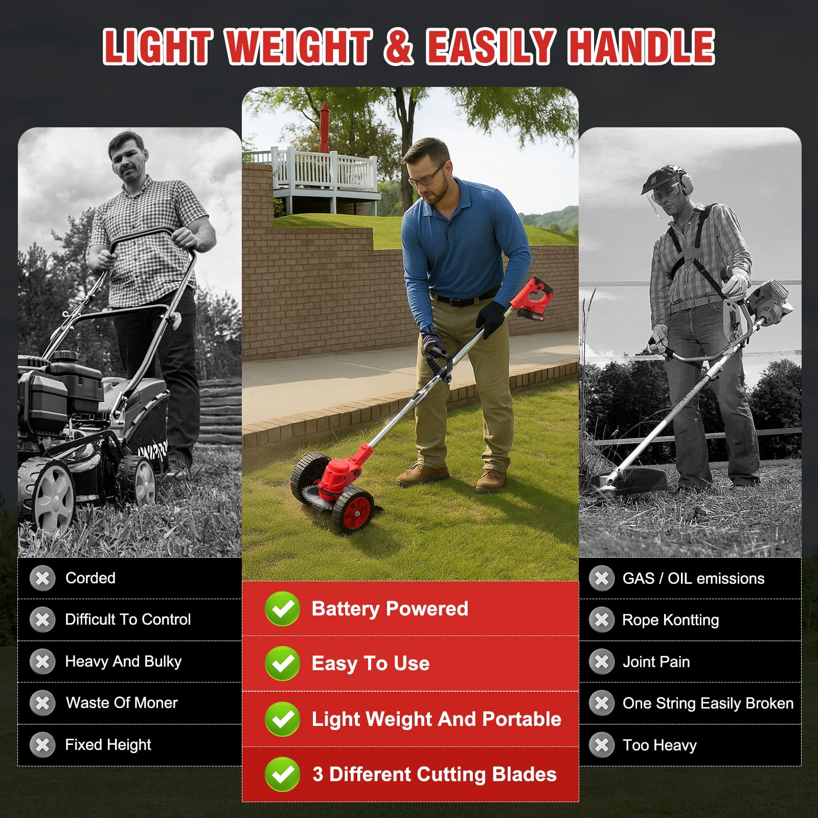 GiftGalore 24V Cordless String Trimmer, 2-in-1 Weed Wacker & Brush Cutter with 2×1300mAh Batteries & Charger, Telescopic Handle with 90° Rotating Head, Wheels & Goggles Included, Red