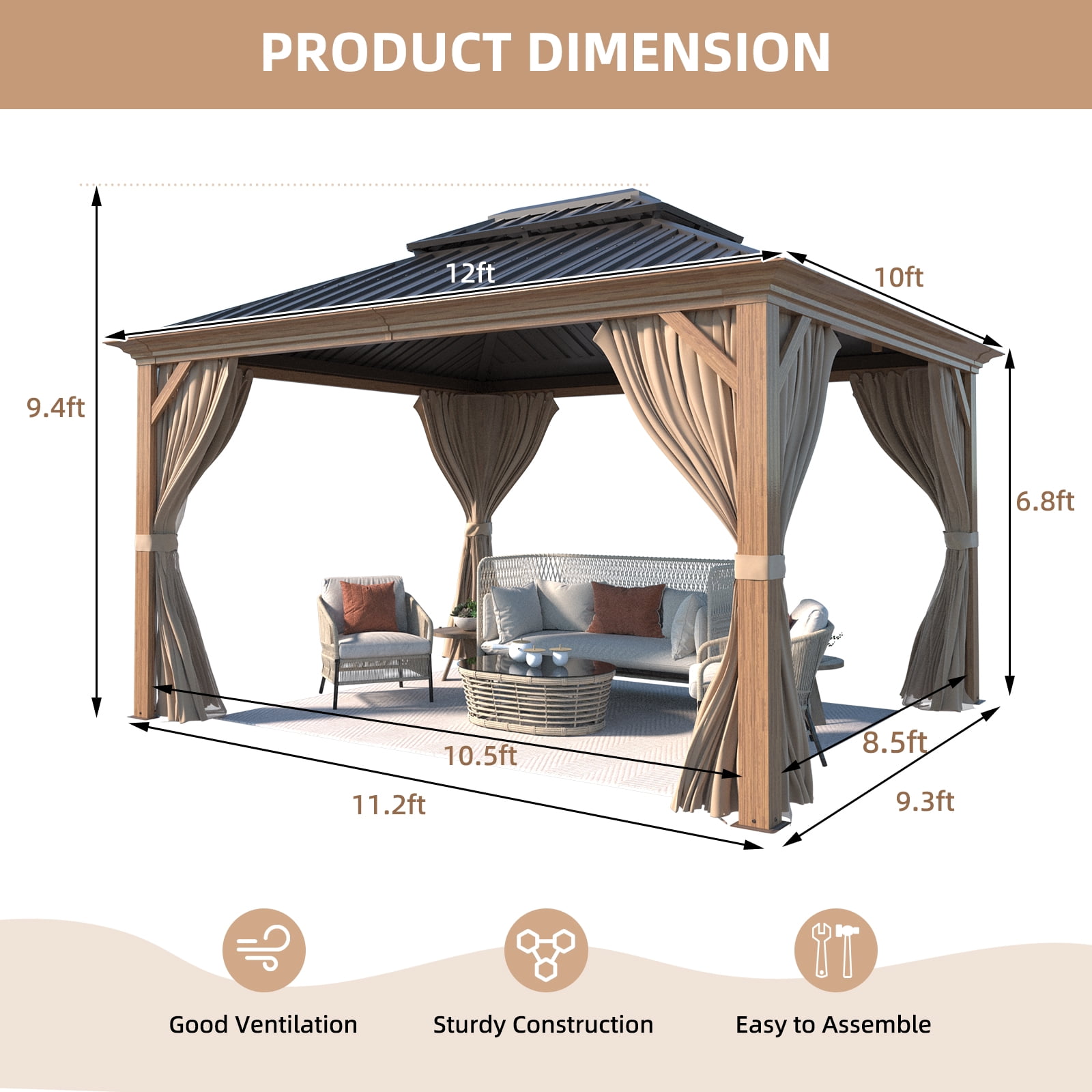 Hommow 10'x12' Hardtop Gazebo,Aluminum Frame Gazebo with Galvanized Steel Double Roof for Patios,Gardens,Lawns