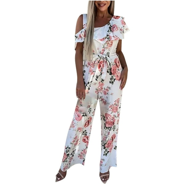 Moda Mujer Casual Impresión Volantes Tirantes Un Hombro Cordón Mono Pantalones de Pierna Ancha Odeerbi ODB-6
