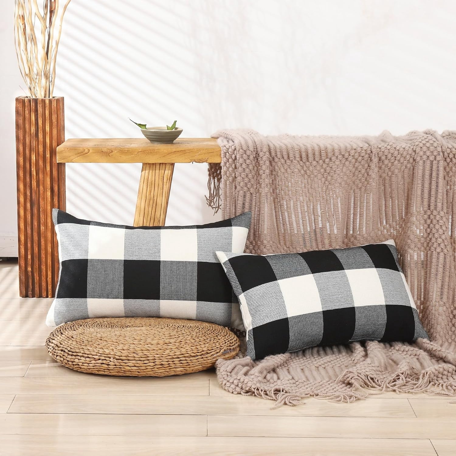 Black and White Lumbar Plaid Pillow Covers 12x20 Set of 2 Black Buffalo Check Pillow Covers 12 x 20 Outdoor Farmhouse Lumbar Throw Pillows for Couch, Sofa and Patio