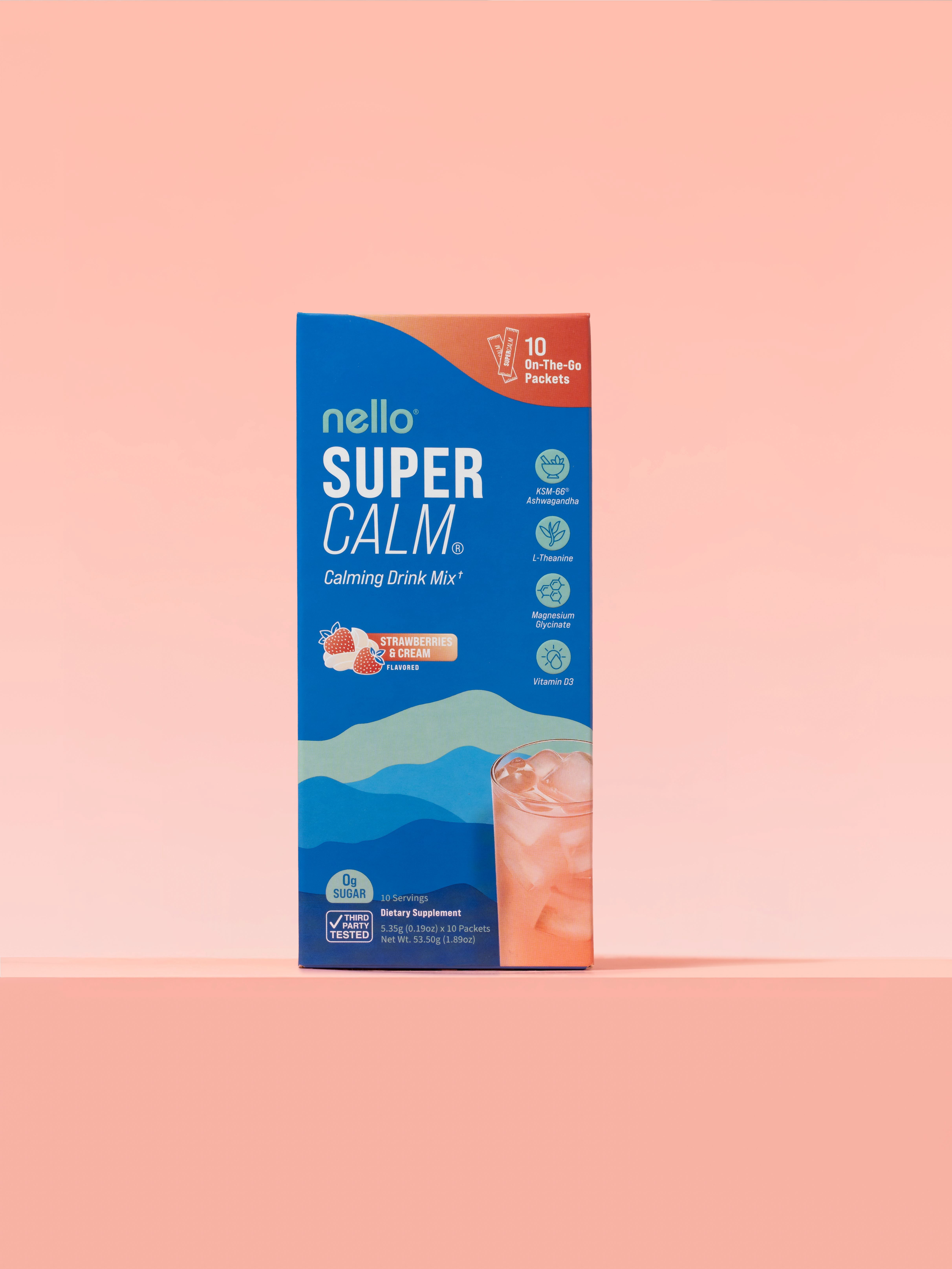 Nello Supercalm Calming Drink Mix Packets, Strawberries & Cream, 1.5 oz, 10 Count