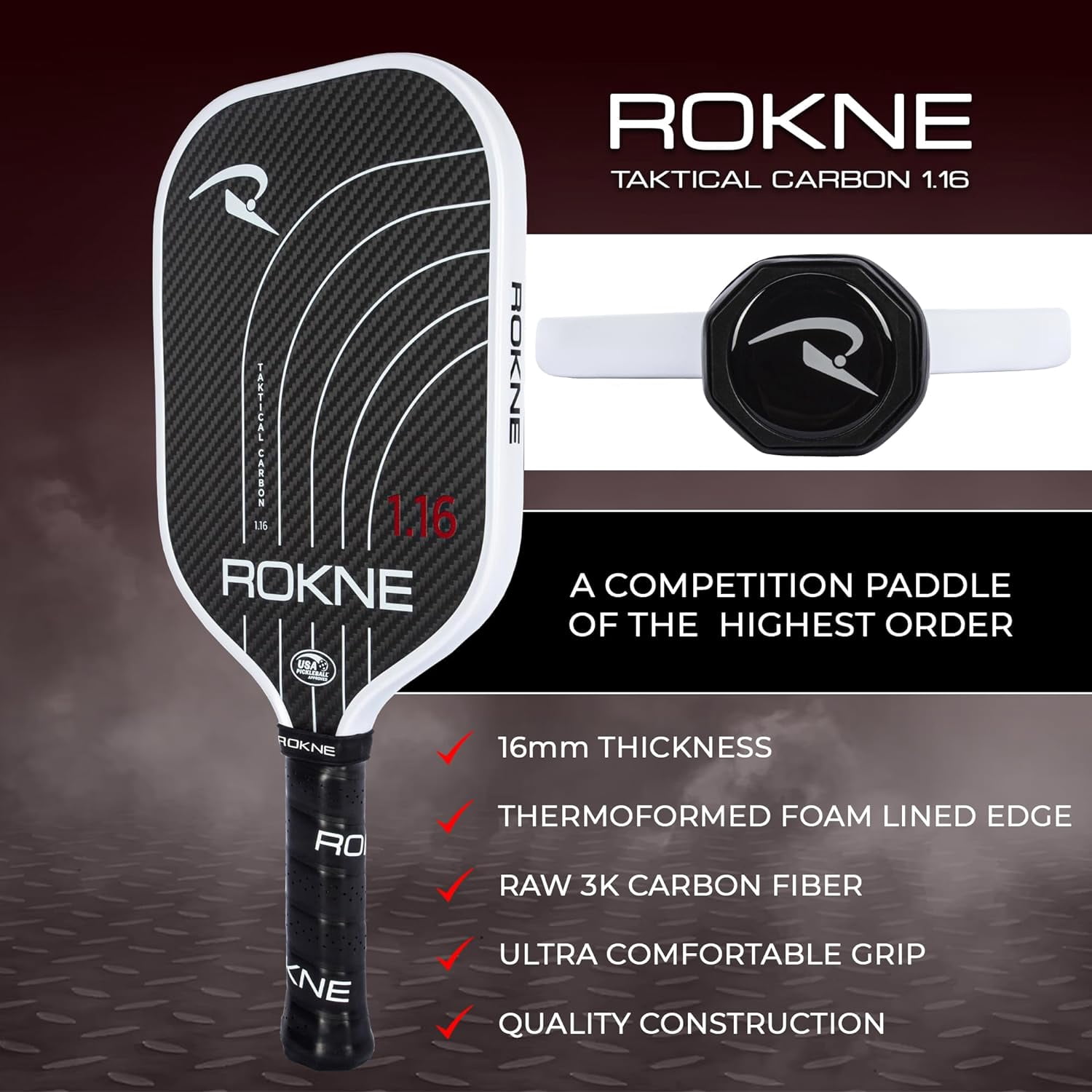 Rokne Taktical 3K Raw Carbon Fiber Pickleball Paddle Thermoformed Foam Lined Racket Edge, 16mm