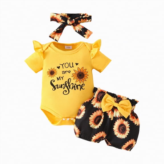kpoplk Newborn Baby Girl Outfit Short Sleeve Letters Print Romper Shorts Set Headband Summer Clothes Size 9-12 Months,Yellow