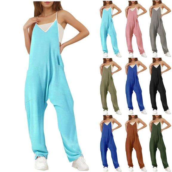 Olyvenn Women's V Neck Sleeveless Jumpsuits Spaghetti Straps Harem Long Pants Overalls with Pockets Wide Leg Suspender Jumpsuits Black 8