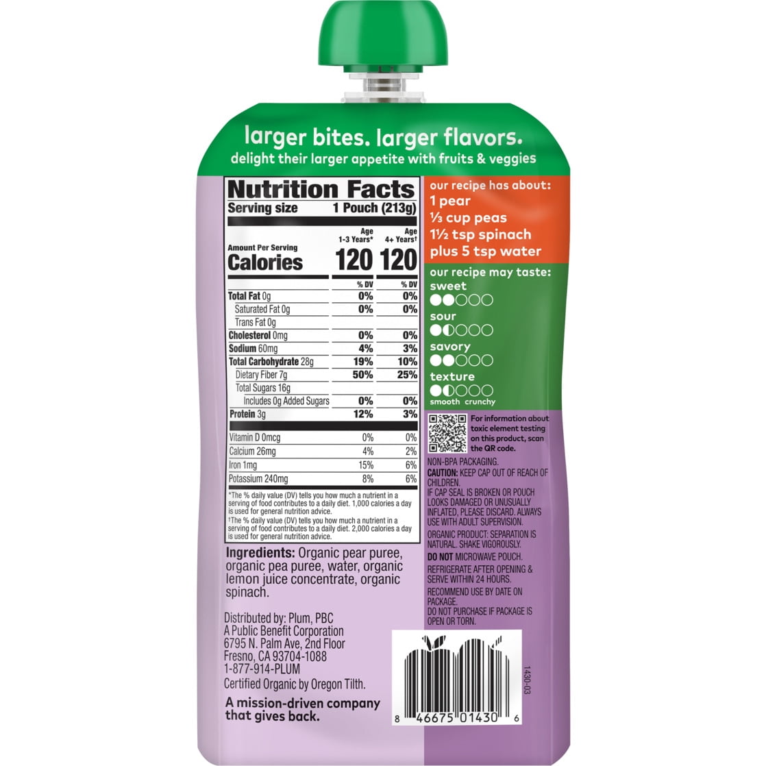 Plum Organics® Tots & Beyond Fruit & Veggie Blend Pear + Pea with Spinach 7.5oz Pouch
