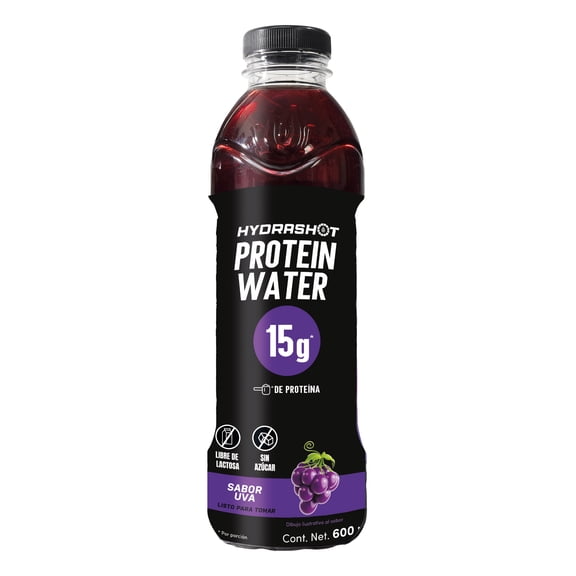 Bebida Hydrashot Protein Water Sabor Uva, Adicionada con 15g de Proteína Y Electrolitos 600 Ml