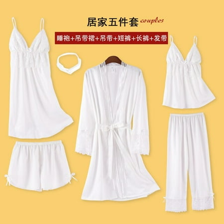

DanceeMangoo 5PCS Robe&gown Set Women Lace Trim Satin Sleepwear Pyjamas Summer Bridal Wedding Nightwear Casual Home Wear Kimono Best Friend