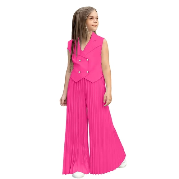KAUOD Girls Summer Suit Outfits 2 Piece Sleeveless Double Breasted Jacket and Pleated Pants Set Loose Trendy Clothe