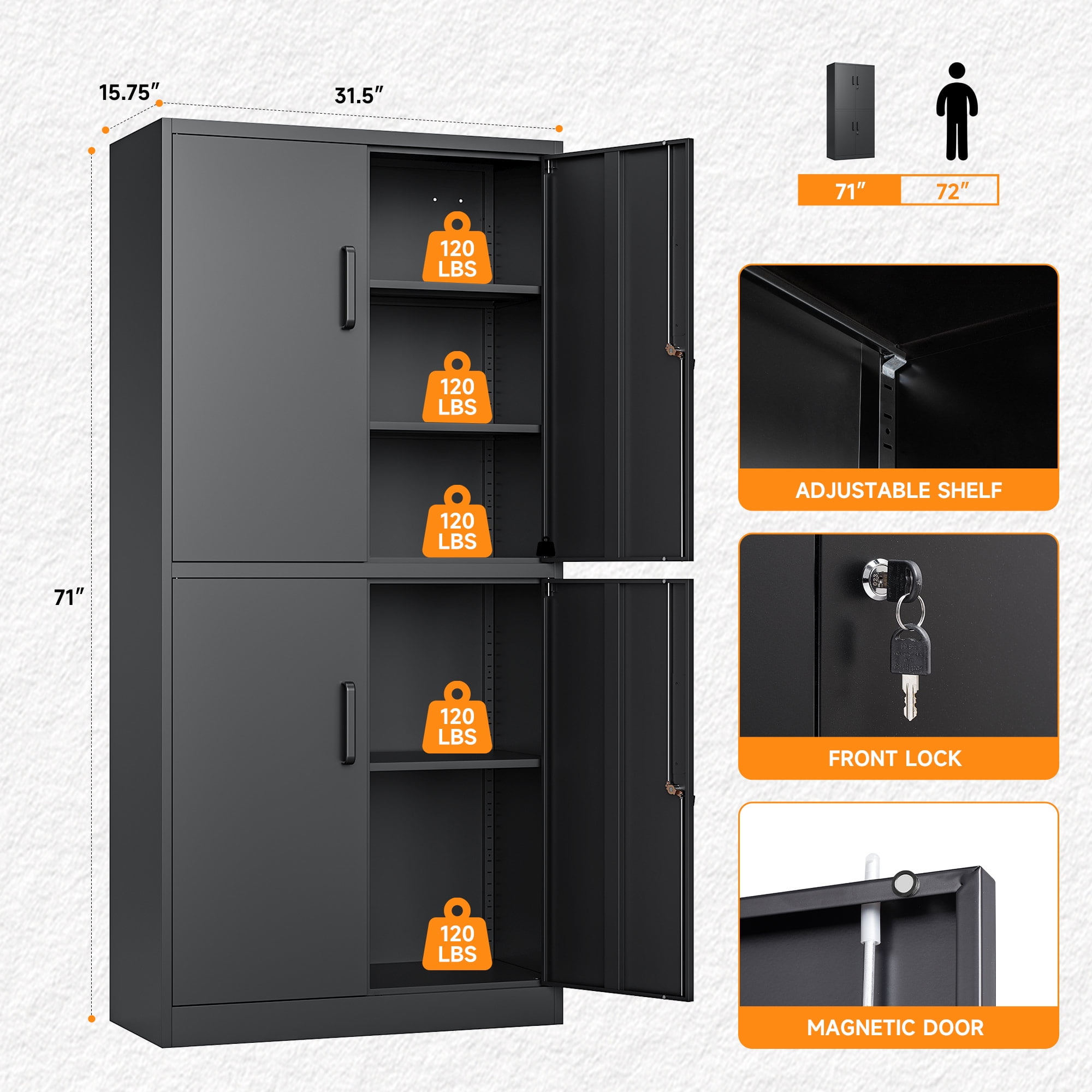 STANI Metal Tools Storage Cabinet, Black Garage Utility Cabinet,4 Doors & 3 Adjustable Shelves, Steel Locker with Lockable Door for Office, Home, Pantry