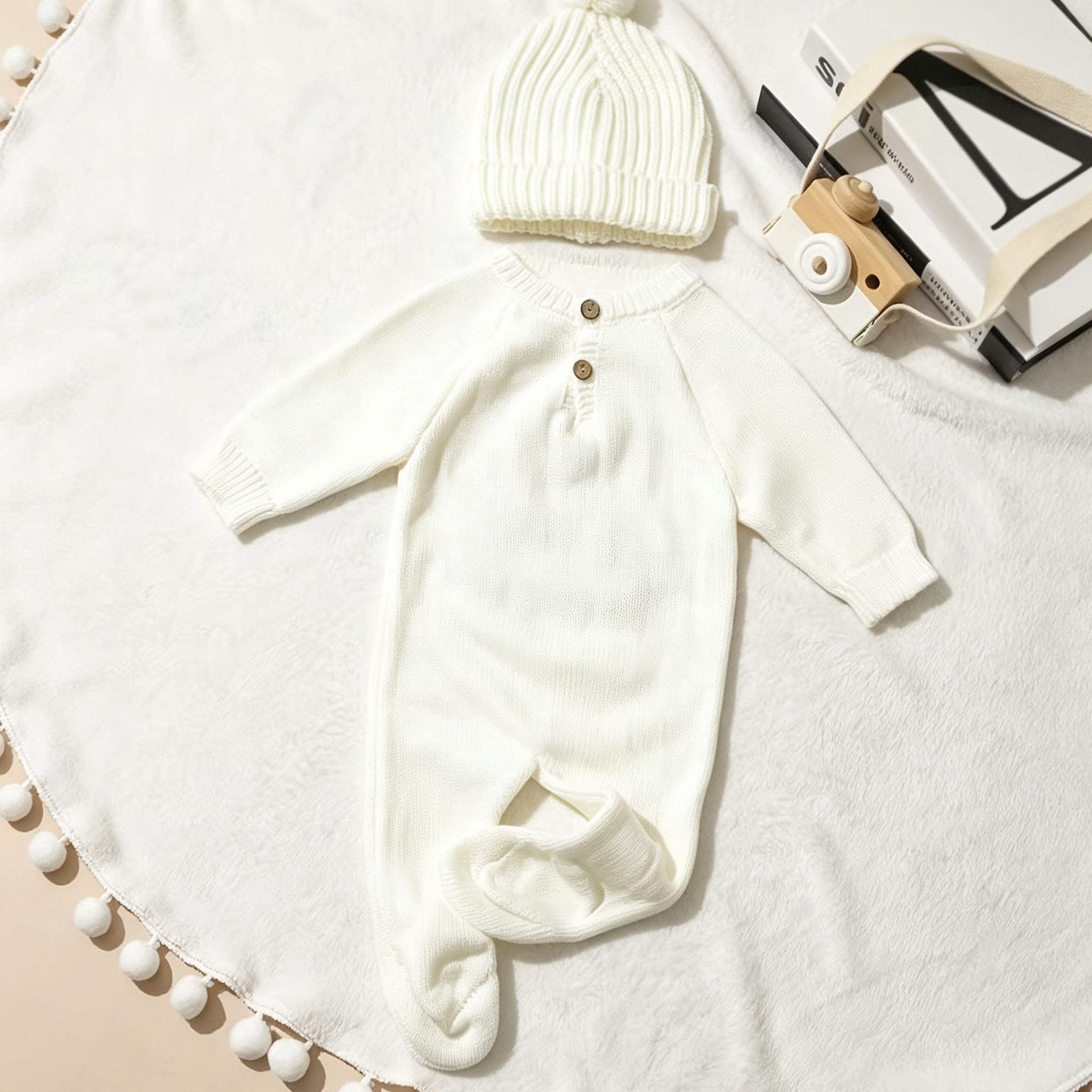 Ylsteed "Hello" Embroidery Knitting Onesie Newborn Birth Announcement Outfits Footed Jumpsuit Baby Boy Girl Photography Props Newborn