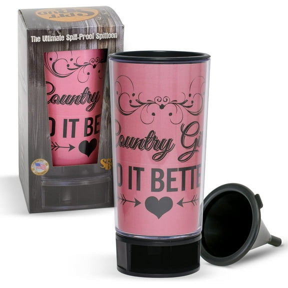 Country Girls Do it Better The Ultimate Spittoon Chew - Portable Dip & Cup with Lid, Tab, Spill-Proof Funnel - Fit in Cup Holders - Holds 8oz - Made in