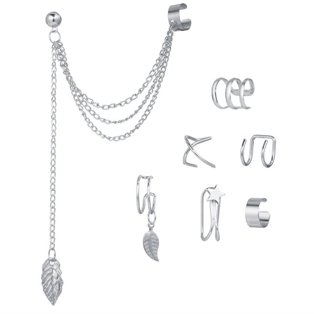 Pendientes de Clip de hojas de Color de plata para mujer y hombre, aretes creativos simples en forma de C, sin perforación, conjunto con rizador de oreja, regalo de joyería de tendencia
