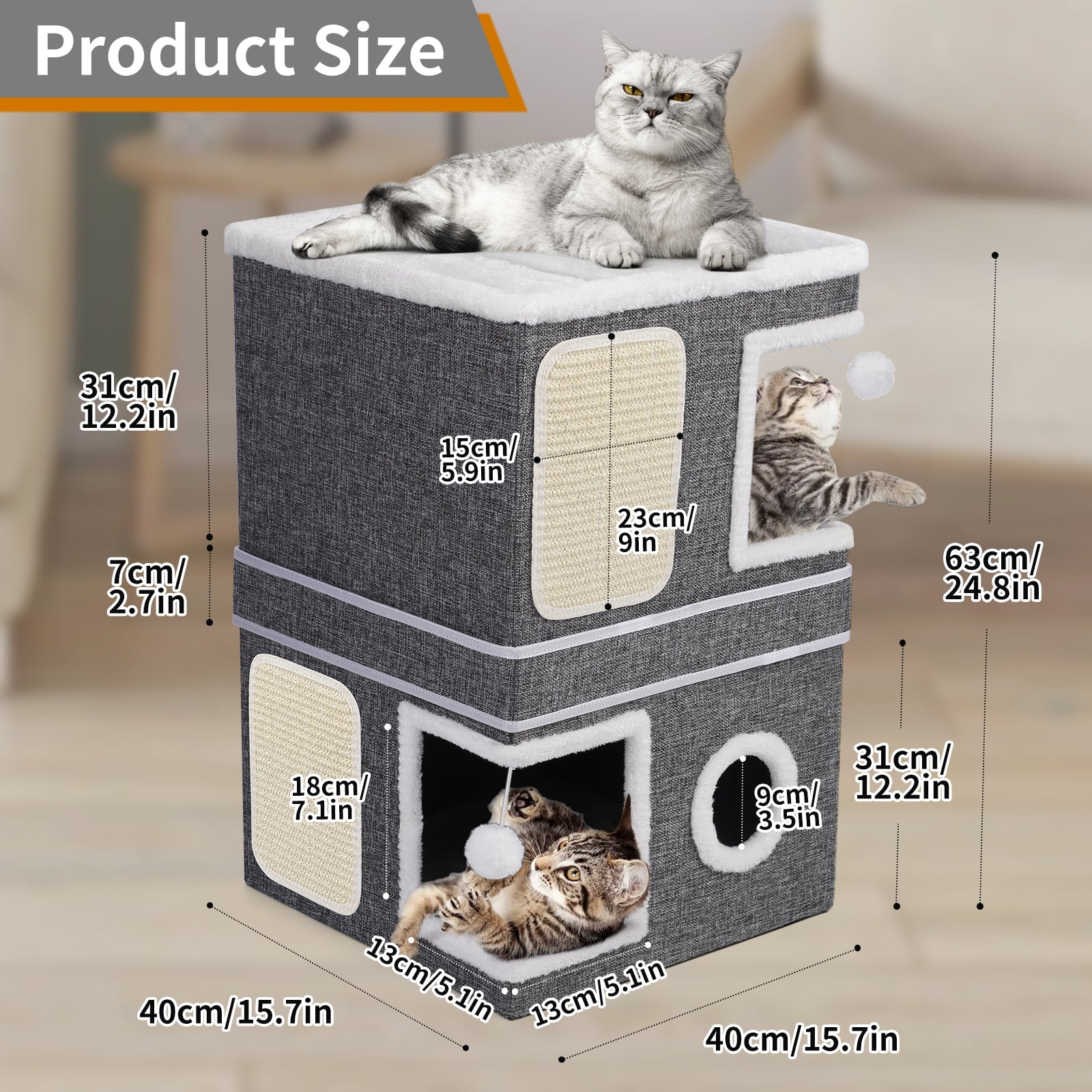 Cat Bed for Indoor Cats 2-Storey Cat House,Covered Cat Cave Beds&Furniture with Scratch Pad and Hideaway Condo